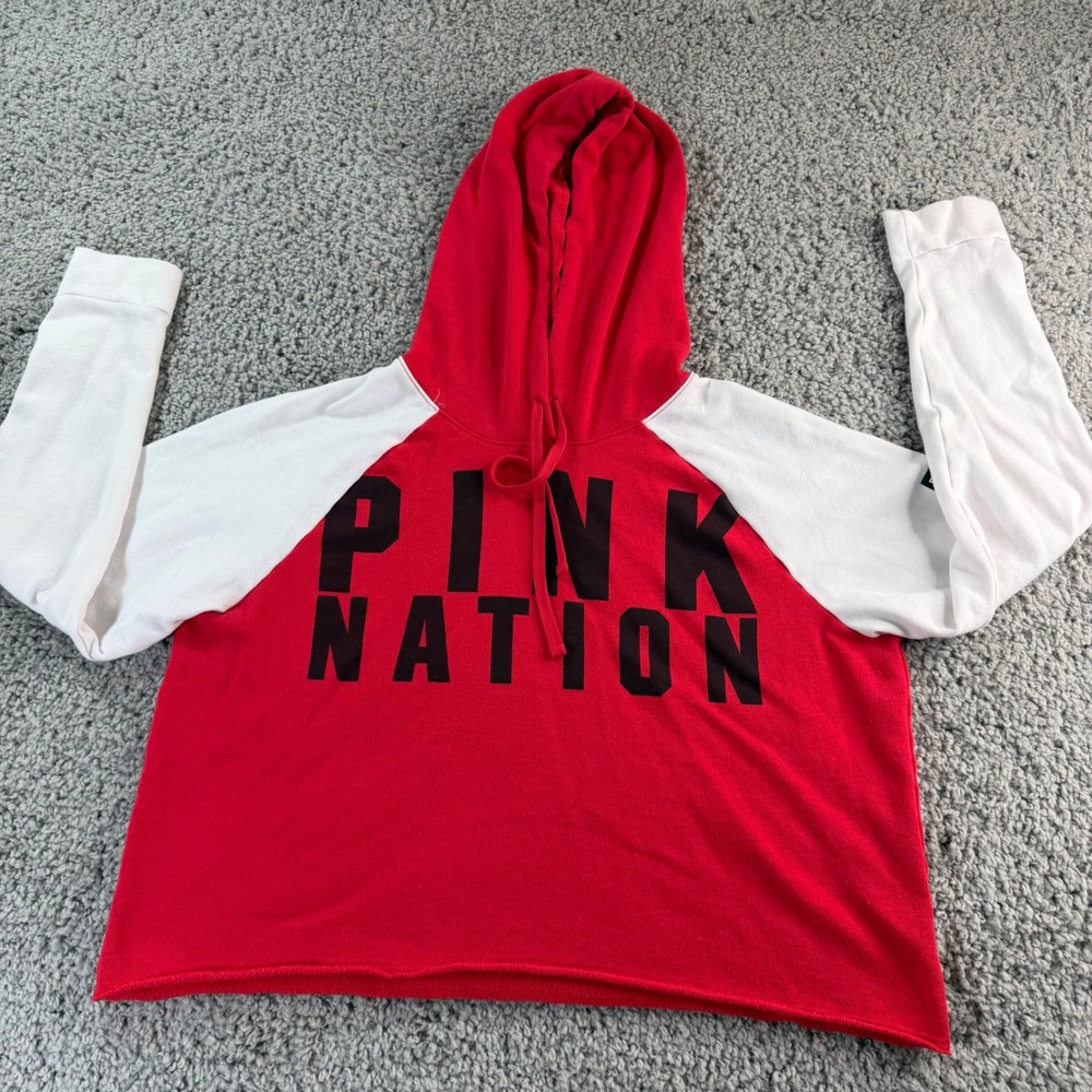 Pink Victoria's Secret Nation Hoodie Red White Colorblock Cropped Pullover L